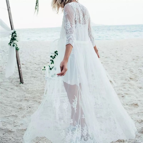 New Vintage Lingerie Look Mesh Lace Embroidered Maxi Kimono Duster Robe - Picture 6 of 11